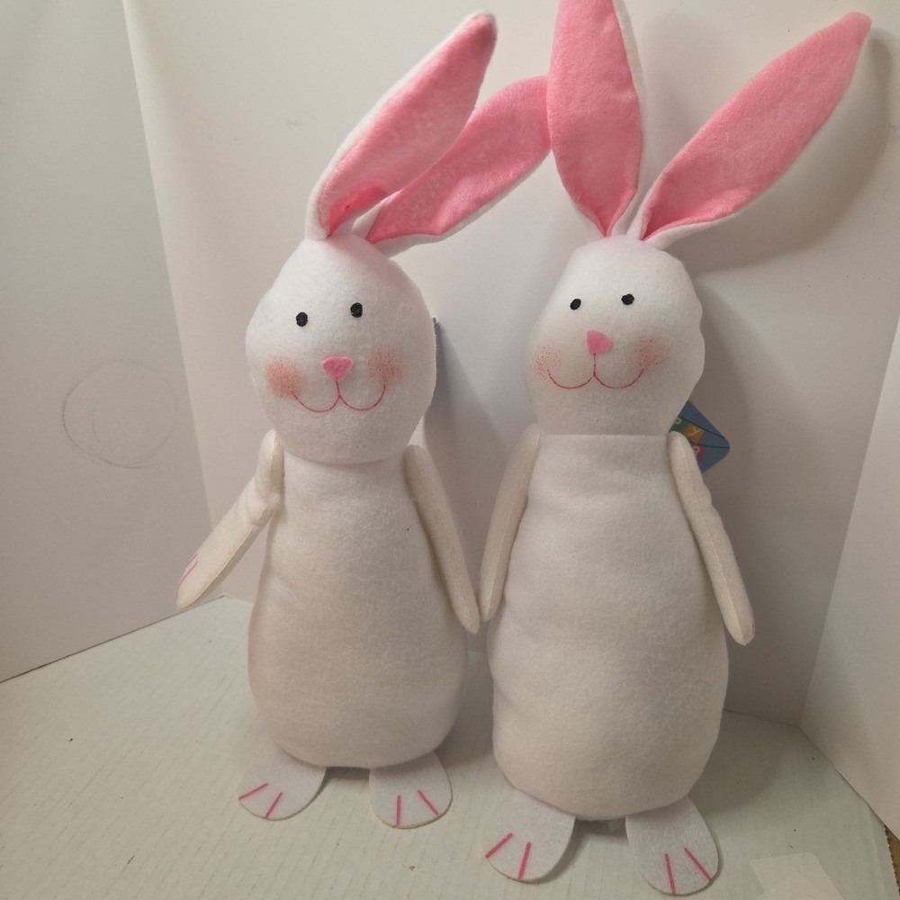 Happy Easter Plush Felt Stand-up Bunnies Bunny White Pink Ears Weighted Bottom‎